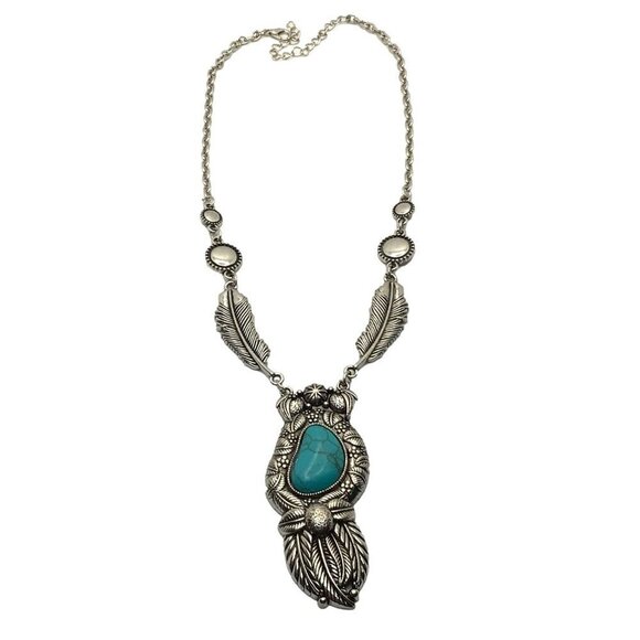 Boho Necklace Faux Turqoise Center Adjustable Length Silver Tone Blue - Picture 1 of 4